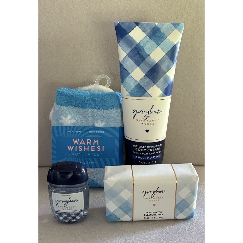 Bath & Body Works GINGHAM 4 Piece Gift Set Body Cream, Soap, Anti Bac & Socks